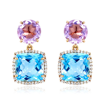 DEUX Earrings (1145) - Blue Topaz, Pink Amethyst / YG