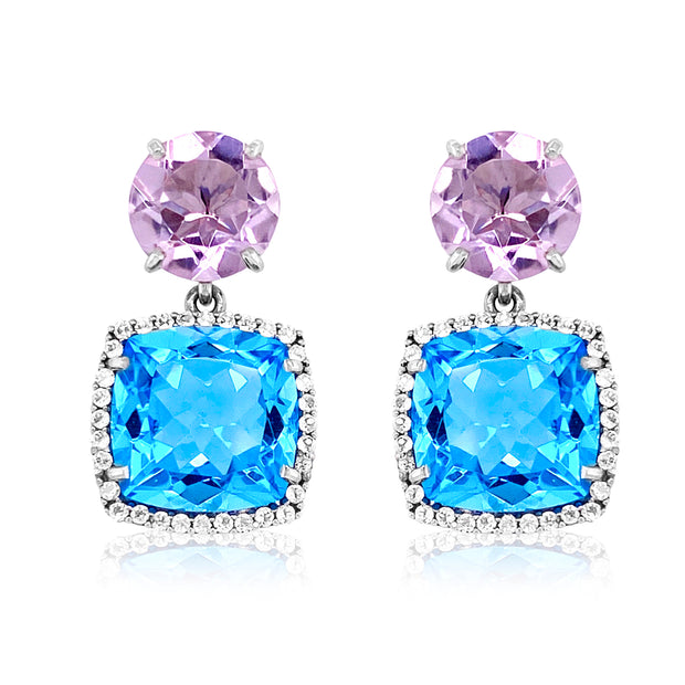 DEUX Earrings (1145) - Blue Topaz, Pink Amethyst