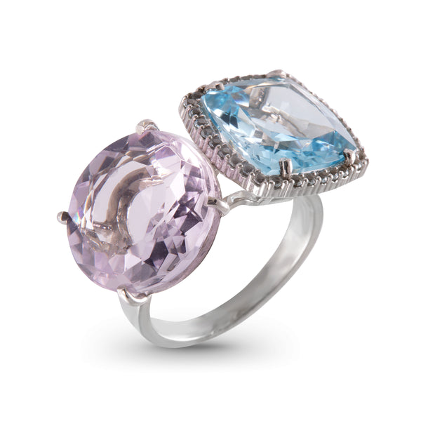 DEUX Ring (1145) - Pink Amethyst, Blue Topaz