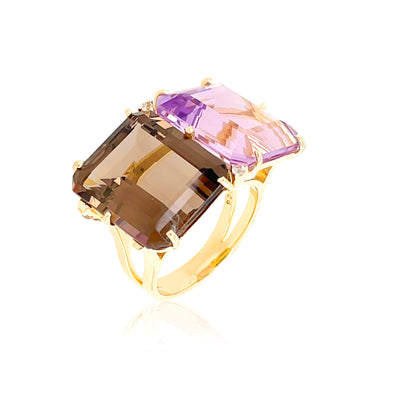 COLUNA Ring (1156) - Smoky Quartz, Pink Amethyst