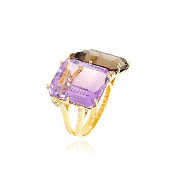 COLUNA Ring (1156) - Smoky Quartz, Pink Amethyst