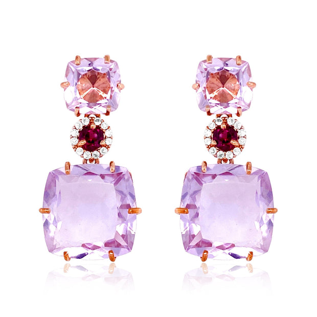 DEUX Earrings (1145) - Pink Amethyst, Rhodolite  / RG