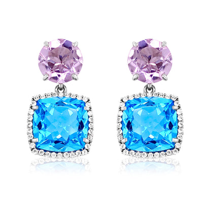 DEUX Earrings (1145) - Blue Topaz, Pink Amethyst / SS