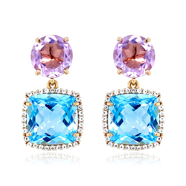 DEUX Earrings (1145) - Blue Topaz, Pink Amethyst / YG