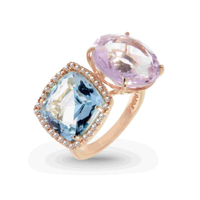DEUX Ring (1145) - Pink Amethyst, Blue Topaz / YG