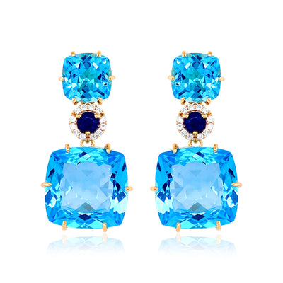 DEUX Earrings (1145) - Blue Topaz, Navy Blue Quartz / YG